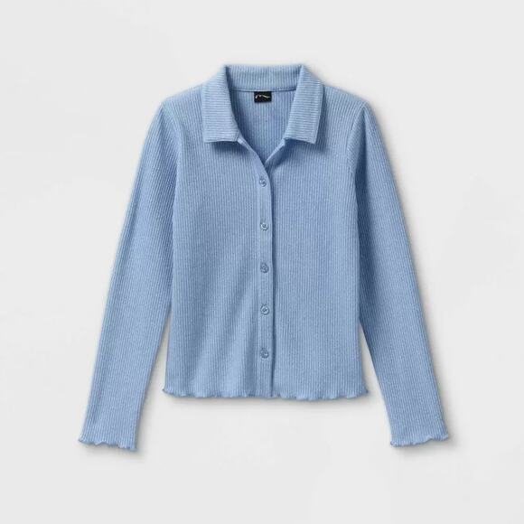 Art Class Sweater Button Front Cardigan Long Sleeve Blue L Ribbed Layer Collared - Picture 3 of 6